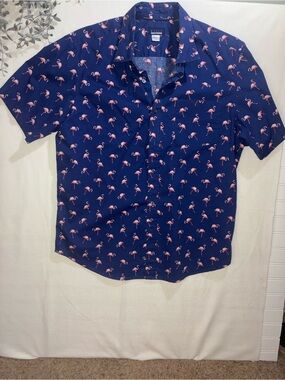 Basic Editions Navy Short-Sleeve Button-Up Shirt with Pink Flamingo Print